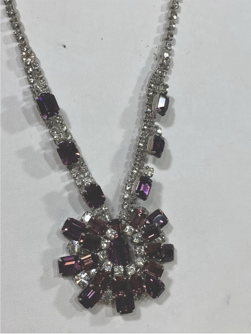 Vtg Coro Emerald Cut Rhinestone Purple Crystal Necklace Starburst